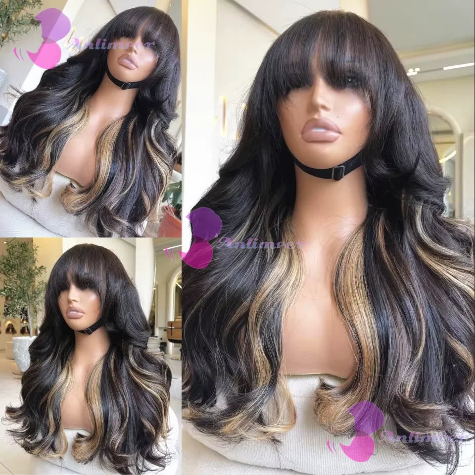 Glueless Body Wavy Fringe Wigs Black Blonde Highlight Pre Plucked 13x4 Silk Top Lace Front Wigs With Bangs 13x6/360 Lace Wigs