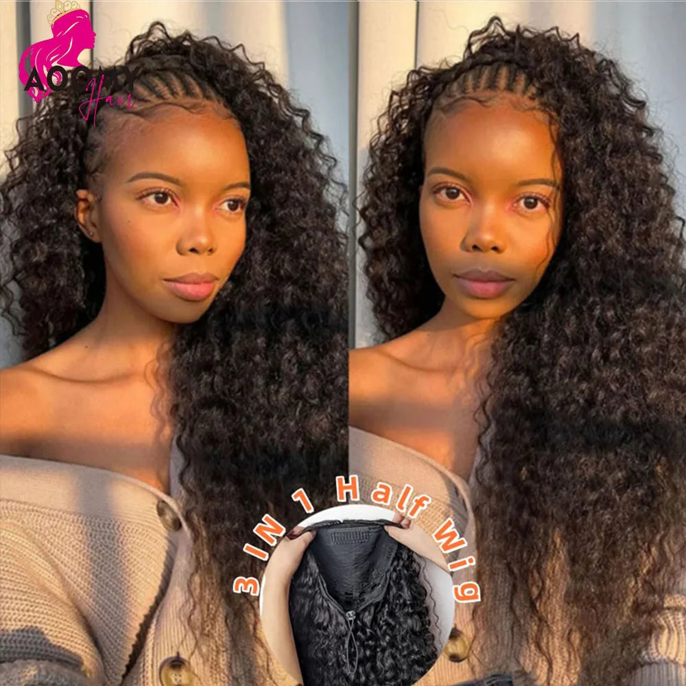 3 IN 1 Half Wig Human Hair 250 Density Deep Wave Glueless Wig Human Hair Ready to Wear 3 IN 1 Half Wig With Drawstring Half Wig