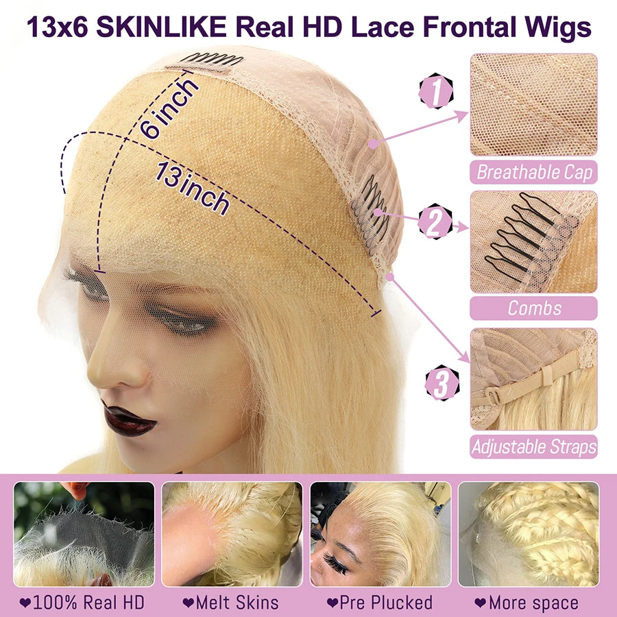 32inch 250% 13x6 HD Lace Frontal Wigs Melt Skins Natural Scalp 613 Blonde Body Wave Wig HD Lace Closure Human Hair Wigs Glueless