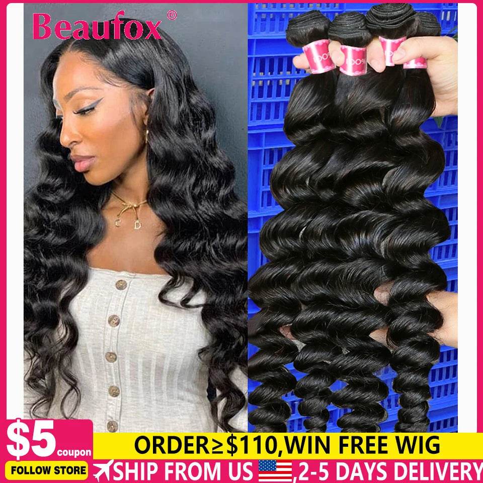 Beaufox 32 Inch Human Hair Bundles Loose Wave Bundles Indian Hair Weave Bundles 1/3/4 PCS Human Hair Extensions Natural Black
