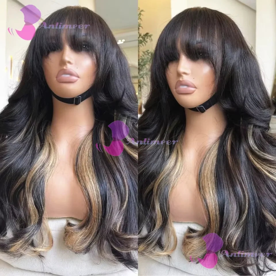 Glueless Body Wavy Fringe Wigs Black Blonde Highlight Pre Plucked 13x4 Silk Top Lace Front Wigs With Bangs 13x6/360 Lace Wigs