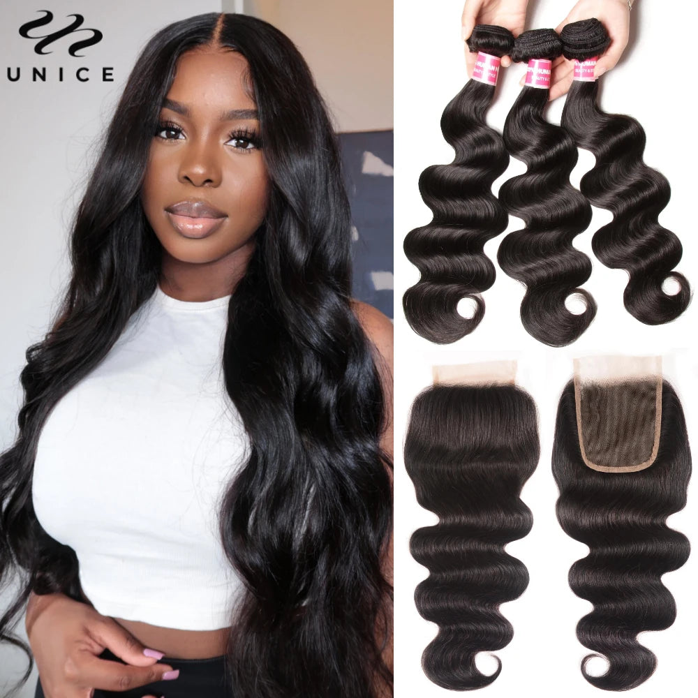 UNice Hair Body Wave 3 Bundles With Lace Frontal Closure 13x4 or 4x4 or 5x5 HD Lace Closure 100% Human Hair Bundles
