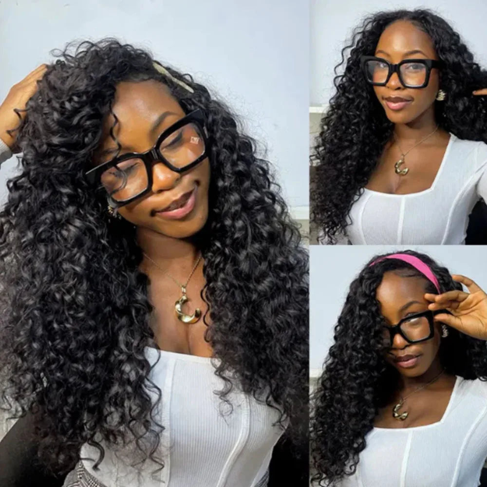 3 IN 1 Half Wig Human Hair 250 Density Deep Wave Glueless Wig Human Hair Ready to Wear 3 IN 1 Half Wig With Drawstring Half Wig