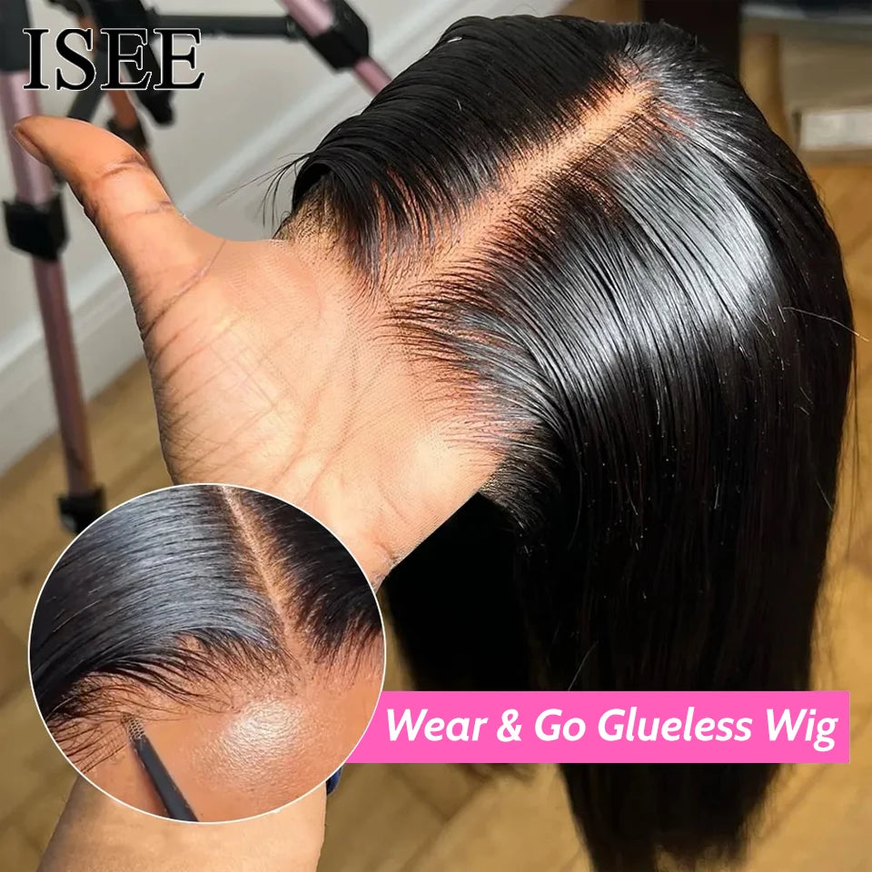 ISEE Hair Glueless Wig Human Hair Ready To Wear Straight Glueless Preplucked Wear And Go Wigs 6X4 HD Lace Front Wigs PreCut Lace