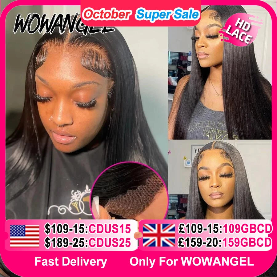 WowAngel Pre Cut Ultra Fitted 9x6 HD Lace Closure Glueless Wigs Ready To Wear Human Hair Wigs Straight Melt Skins For Women Wigs