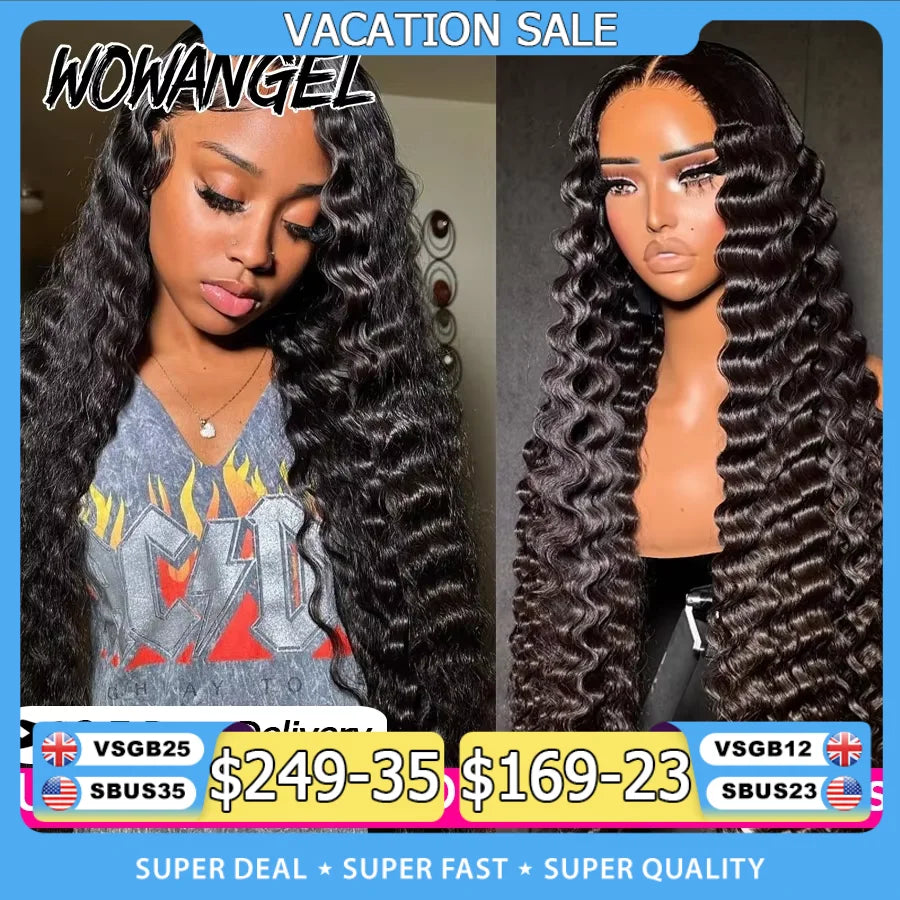 Wow Angel Deep Wave 13x6 HD Lace Frontal Wigs 250% Jet Black HD Lace Front Human Hair Wigs Skinlike Natural Hairline Remy hair