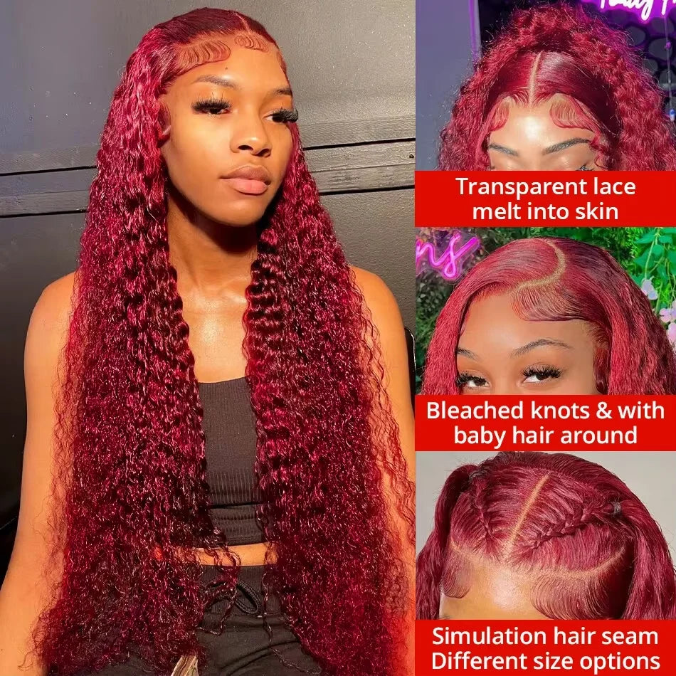 100% Human Hair Deep Wave 99J Burgundy Lace Frontal Wig 13x6 Curly 30 36 Inch HD Lace Front Wigs Red Water Kinky Brazilian