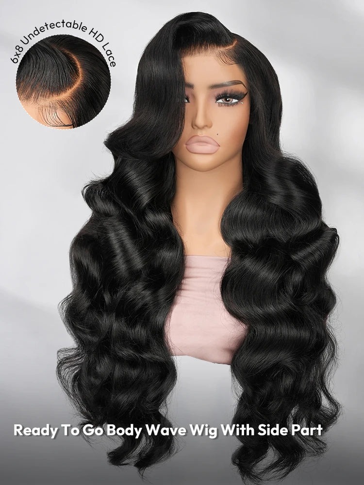 Alipearl Hair 6x8 Ultra Undetectable HD Lace Wig Side Part Glueless Body Wave Ready To Go Wig With Natural Black