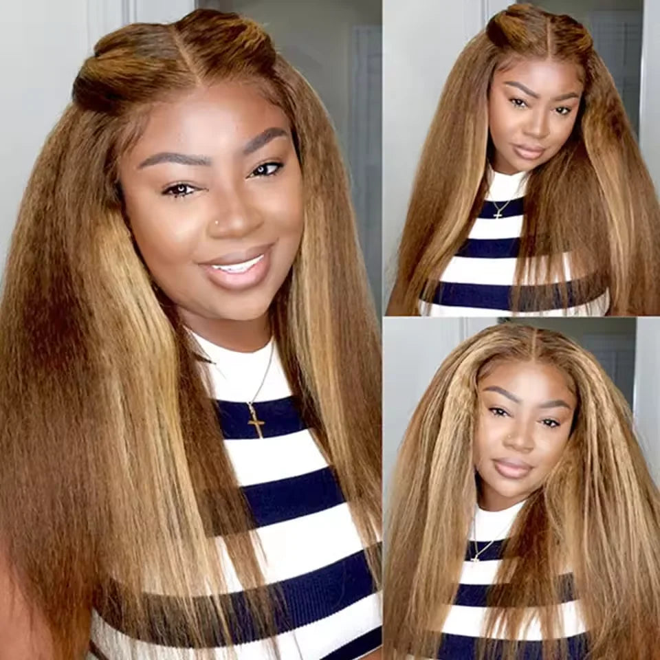 200% Highlight 4/27 Kinky Straight 13x6 HD Lace Frontal Human Hair Wig Indian Yaki Straight Brown Blonde Piano Colored Remy Wigs