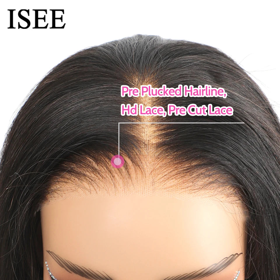 ISEE Hair Glueless Wig Human Hair Ready To Wear Straight Glueless Preplucked Wear And Go Wigs 6X4 HD Lace Front Wigs PreCut Lace