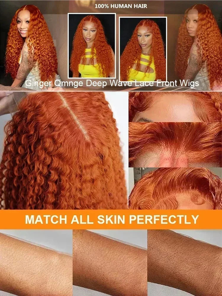 200 Density Ginger Human Hai Brazilian Deep Wave 30 40 Inch 13x4 Lace Front Wigs #350 Orange Curly 13x6 Lace Frontal Wig Water