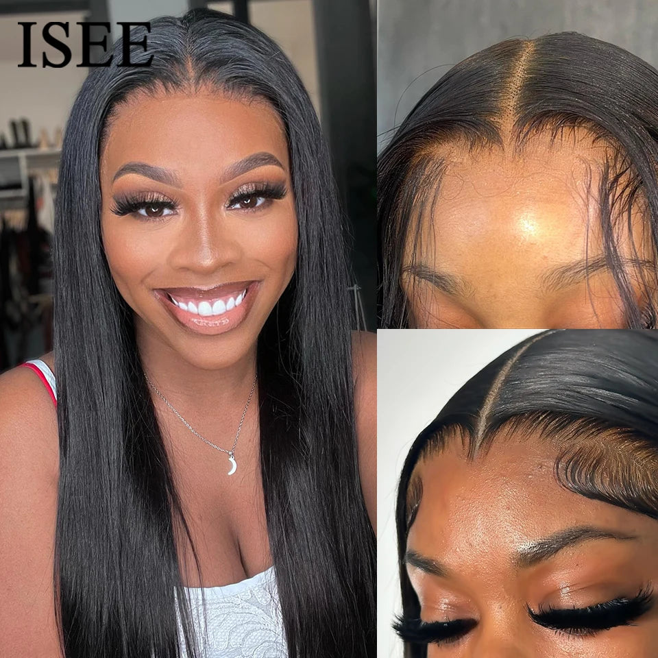 ISEE Hair Glueless Wig Human Hair Ready To Wear Straight Glueless Preplucked Wear And Go Wigs 6X4 HD Lace Front Wigs PreCut Lace
