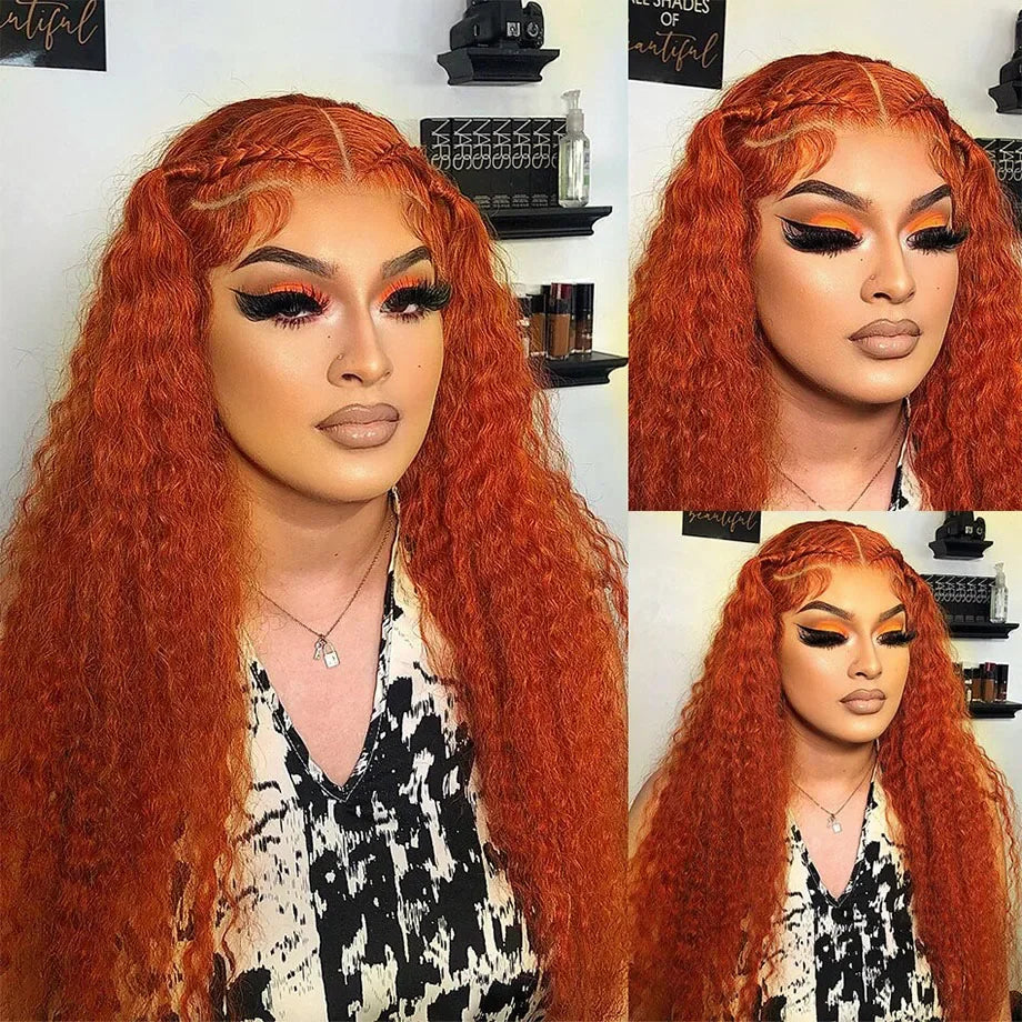 ginger hd lace wig 13x6 human hair 30 Inch Curl Lace Frontal Human Hair Wig 350 Colored Deep Wave Lace Front Wigs For Women