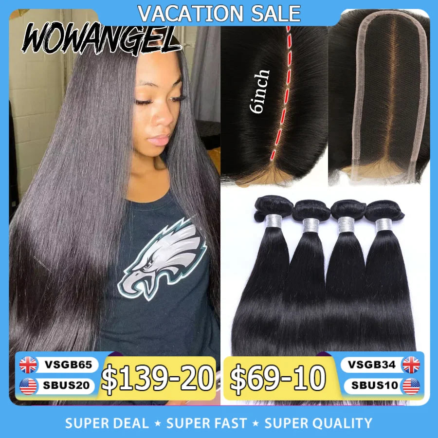 Wow Angel 2x6 HD Lace Closure with Bundles Human Hair Deep Parting Melt Skins 30 32inch Brazilian Straight Hair Extensions