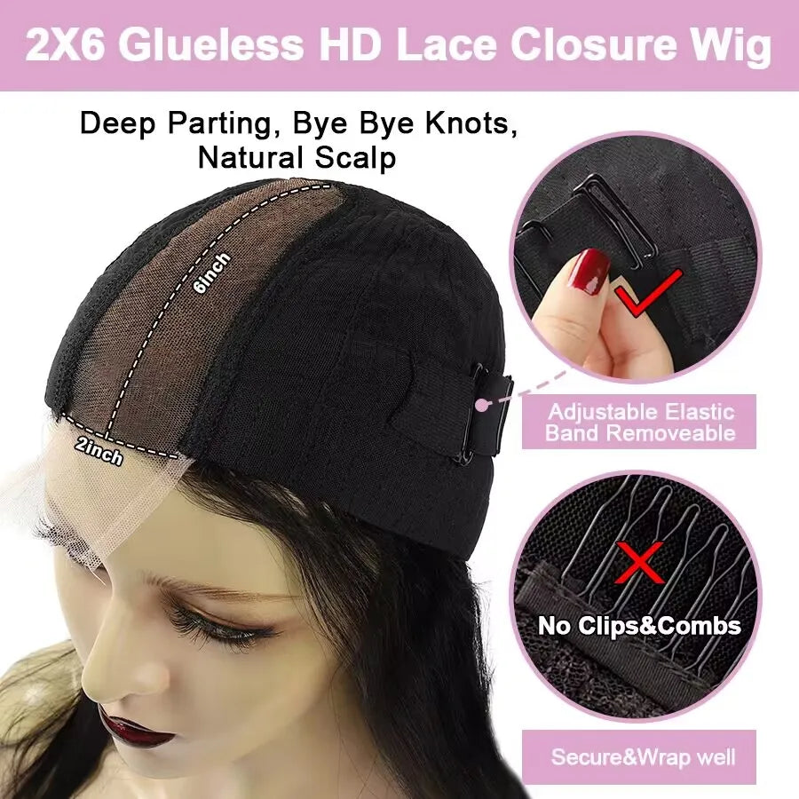 Wow Angel 2x6 HD lace Closure Wigs Body Wave Glueless Wig Human Hair Ready To Wear Deep Part HD Lace Closure Wigs For Woman