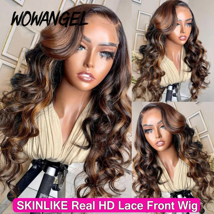 Wow Angel 250% Ombre Highlight Wig 13x6 HD Lace Front Wig Deep Part Body Wave Human Hair Wig Melt Skins Natural Scalp For Woman