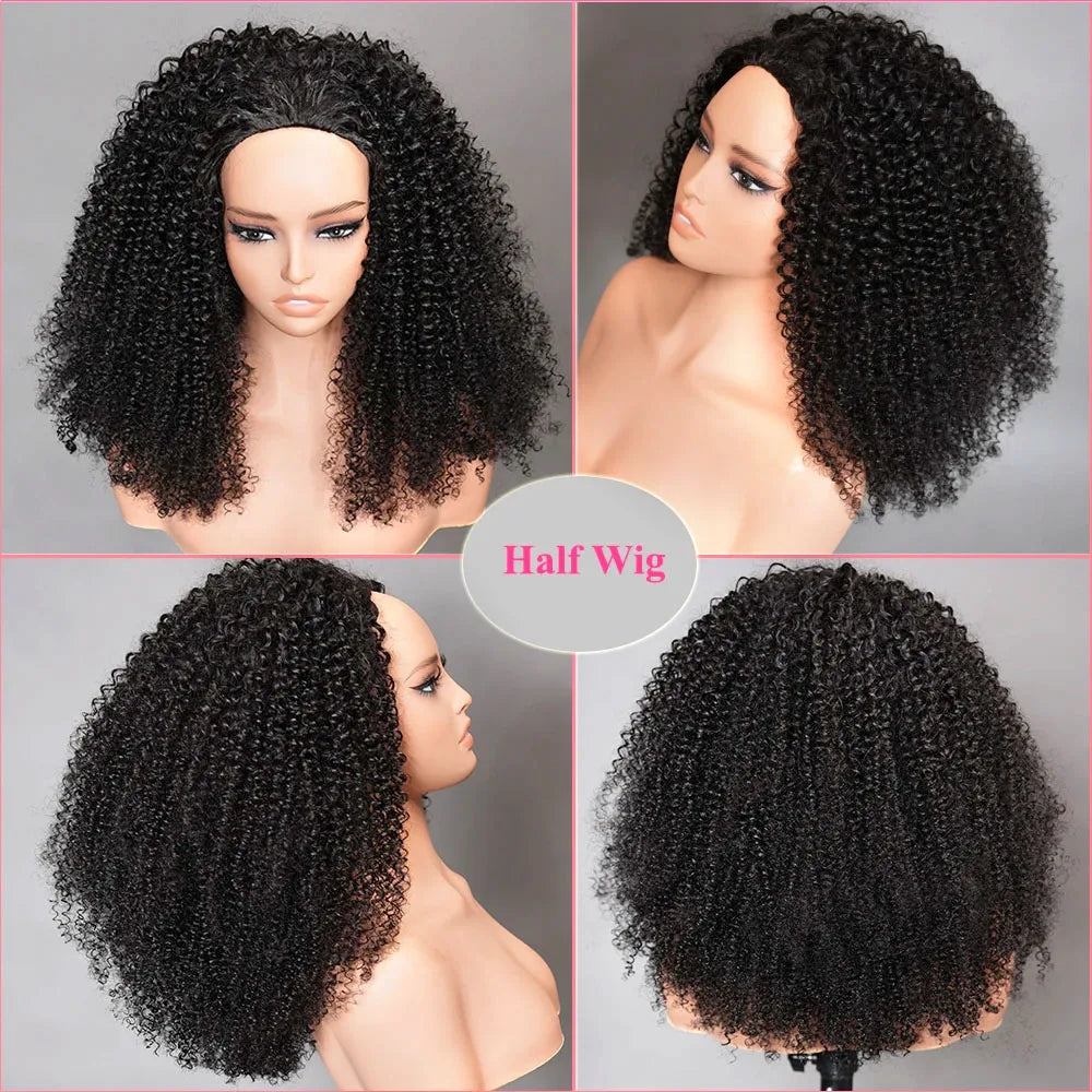Kinky Curly Half Wig Human Hair Glueless Wig 3 IN 1 Half Wigs With Drawstring Seamless Clip Ins Flip Over Deep Curly Half Wigs