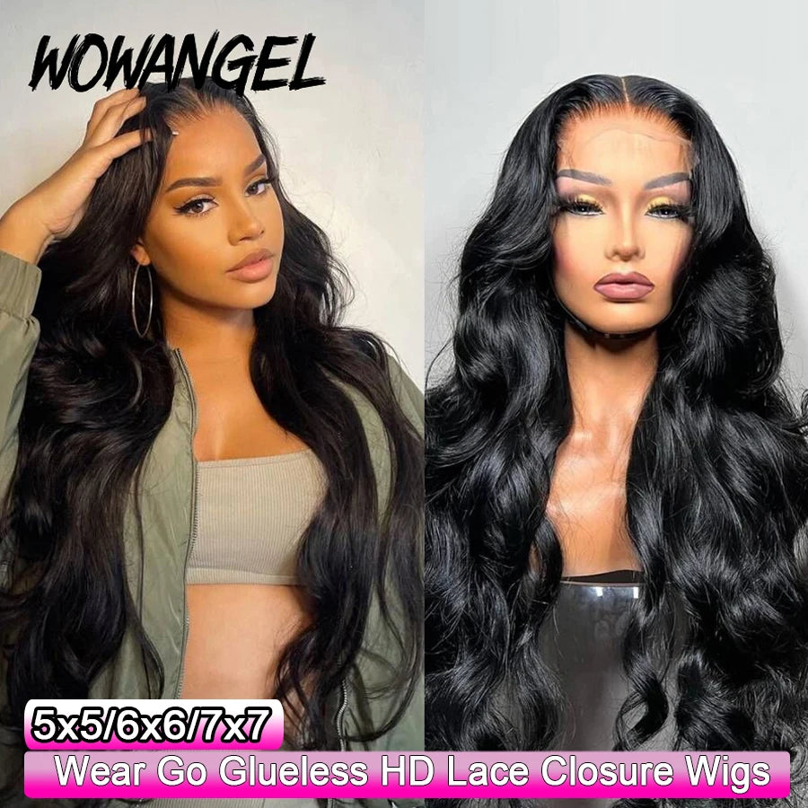 Wow Angel Glueless 250% Real HD Lace Closure Wigs 5X5 HD Closure Wig Wear & Go Body Wave Pre Plucked Human Hair Wigs For Women