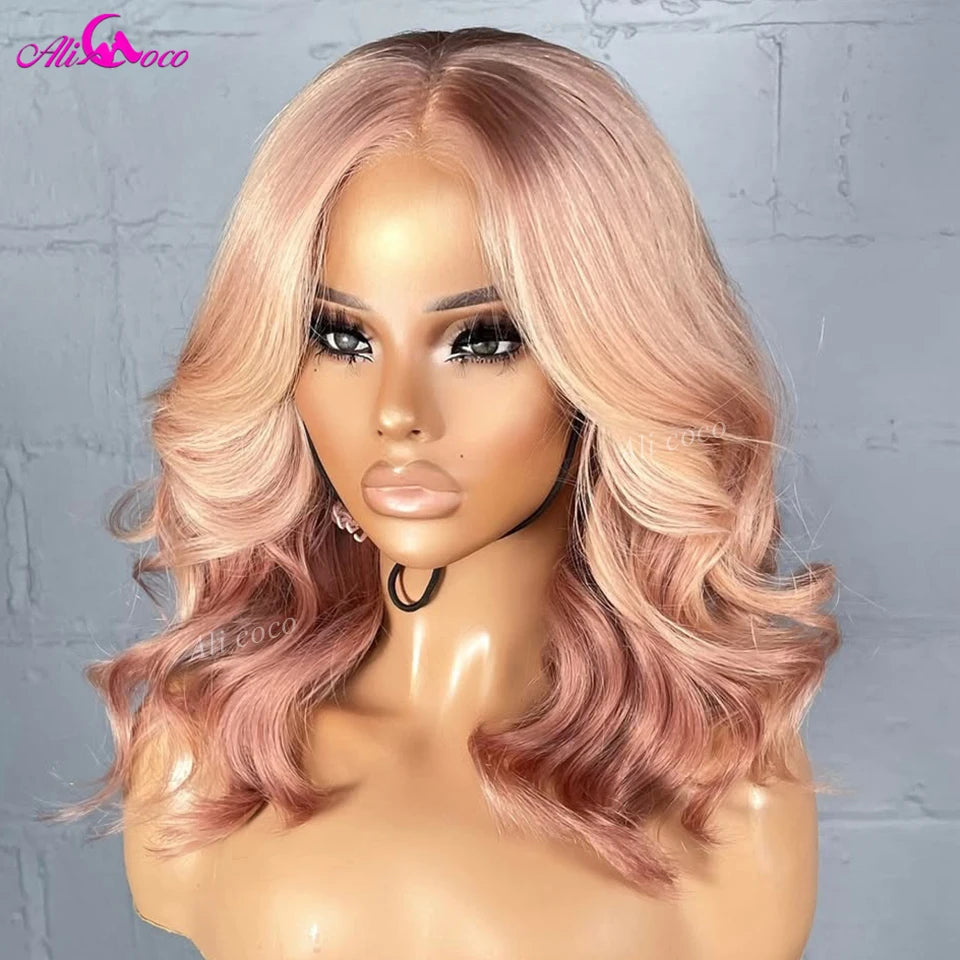 Golden Pink Colored 180 Density Human Hair Wigs Short Bob Body Wave Rose Pink 13x4 Full Frontal Human Hair Lace Front Wigs