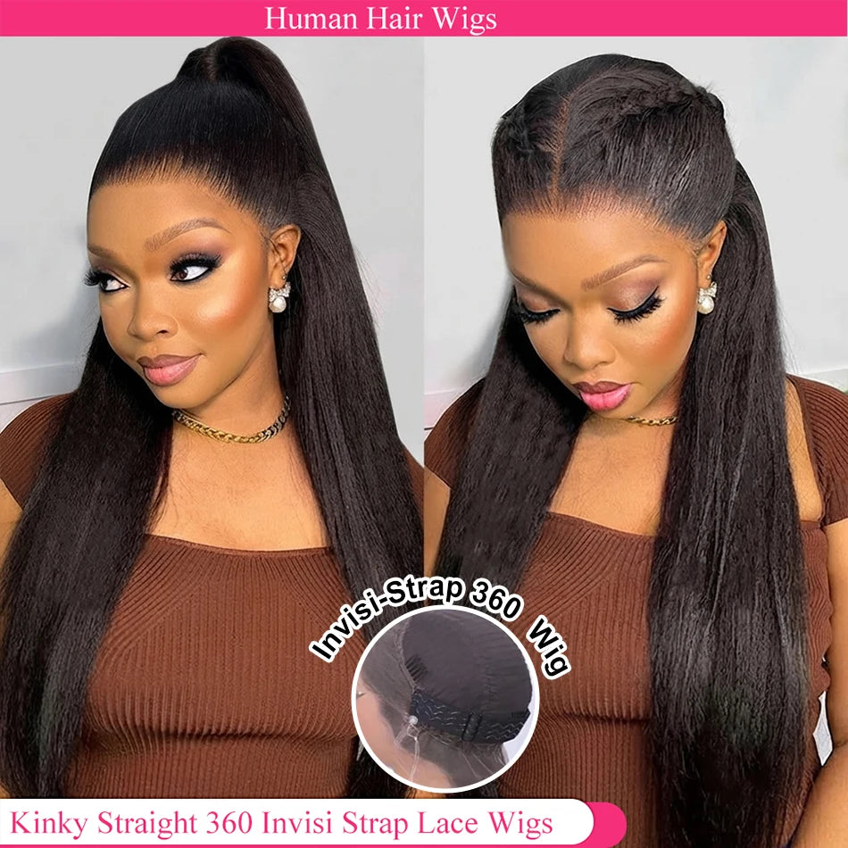 Kinky Straight Invisible Strap 360 Full Lace Glueless Wig Human Hair Pre Cut HD 360 Lace Front Wig Human Hair Wigs Drawstring