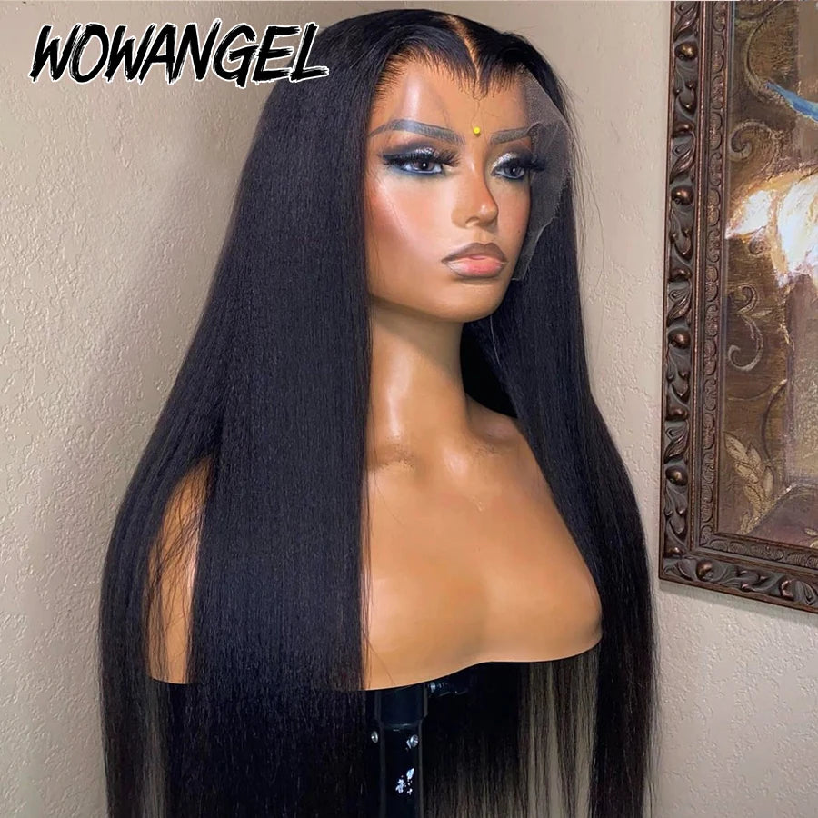 Wow Angel Jet Black 13x6/13x4 HD Lace Front Wigs Yaki Straight Human Hair 5x5 HD Lace Closure Wig Pre Plucked Kinky for Woman