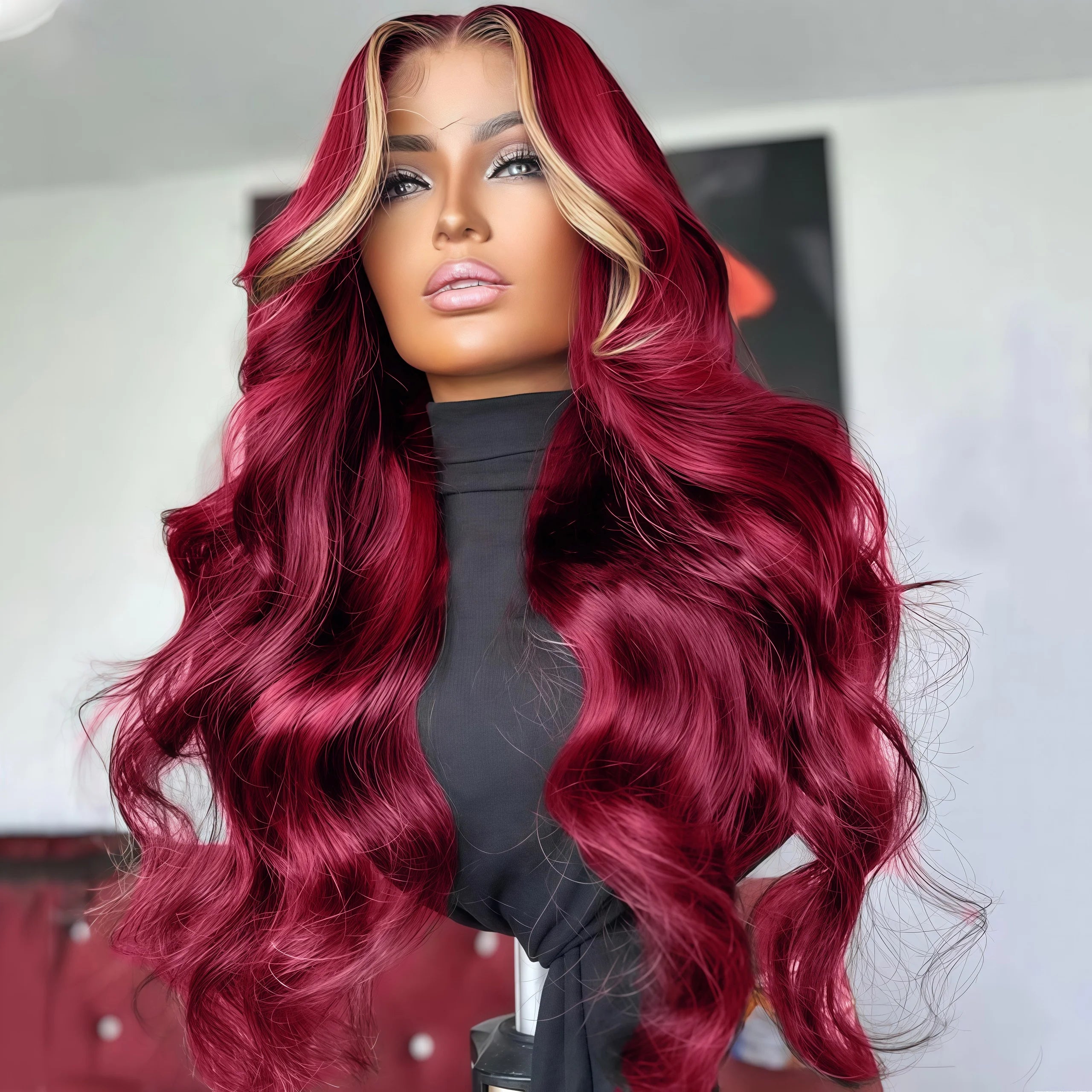 99J/613 Balayage Highlight Body Wave 13x4 Lace Front Brazilian Human Hair Wigs 30 Inch Ombre Burgundy Blonde Red Colored Wigs