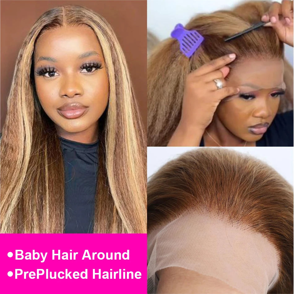 200% Highlight 4/27 Kinky Straight 13x6 HD Lace Frontal Human Hair Wig Indian Yaki Straight Brown Blonde Piano Colored Remy Wigs