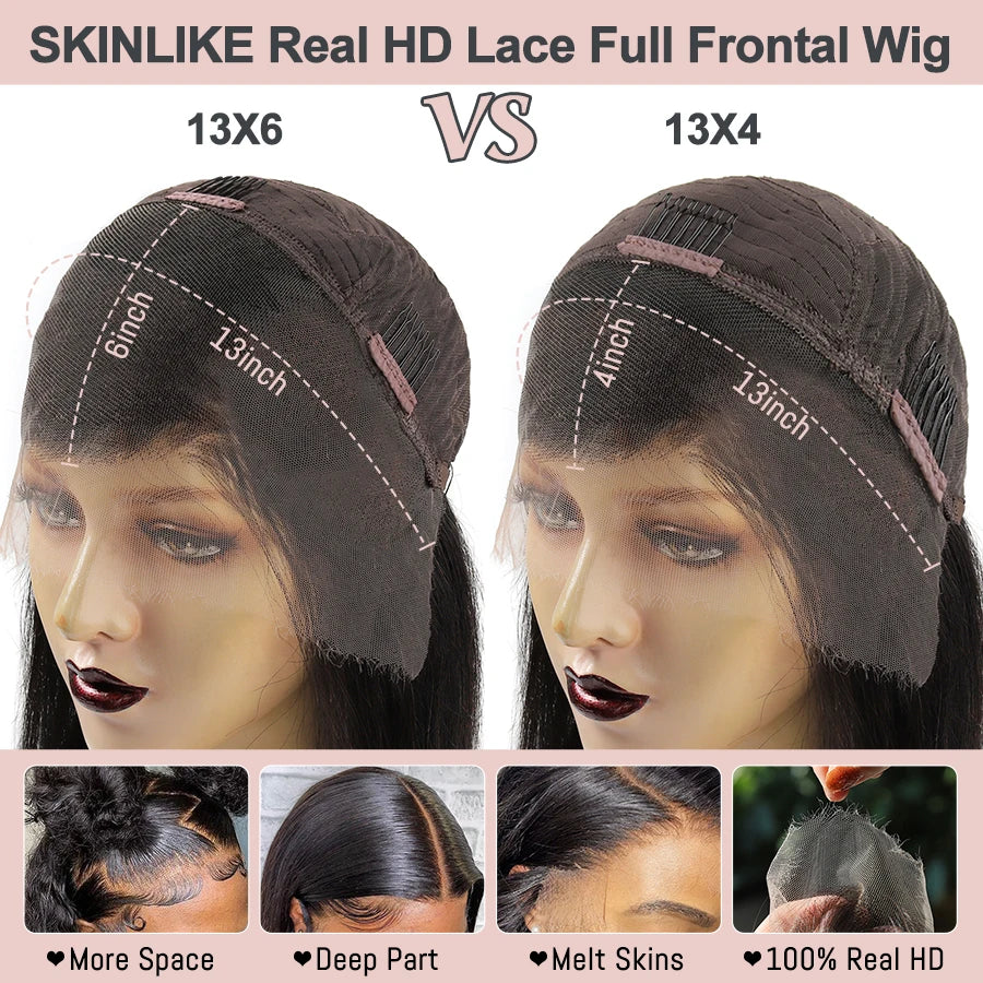 250% Jet Black Kinky Straight 13x6 HD Full Lace Front Wig PrePlucked Yaki Straight 13x4 HD Lace Frontal Human Hair Wig For Woman
