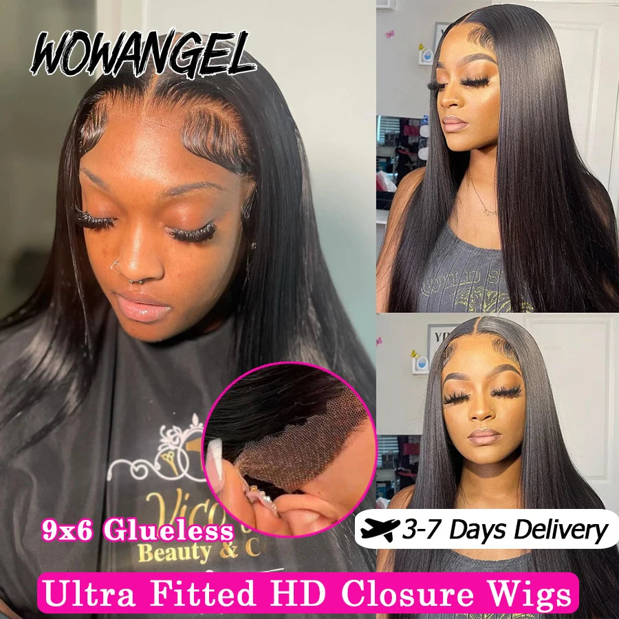WowAngel Pre Cut Ultra Fitted 9x6 HD Lace Closure Glueless Wigs Ready To Wear Human Hair Wigs Straight Melt Skins For Women Wigs