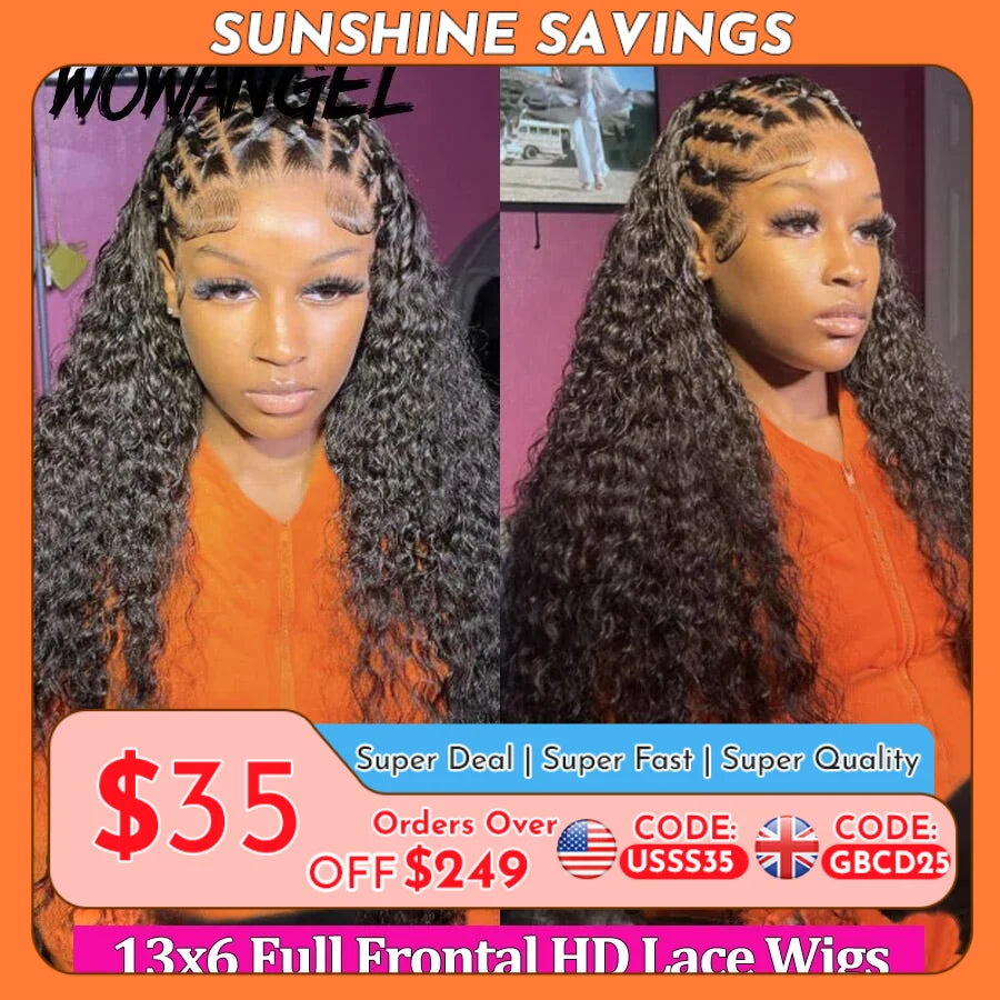 Wow Angel 36inch Water Wave 13x6 Full Frontal HD Lace Wigs 250% Curly Wigs HD Lace Front Human Hair Wigs Melt Skins For Woman