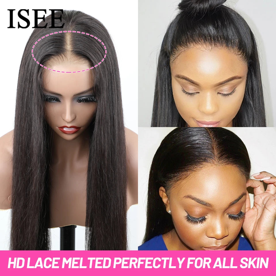 ISEE Hair Glueless Wig Human Hair Ready To Wear Straight Glueless Preplucked Wear And Go Wigs 6X4 HD Lace Front Wigs PreCut Lace