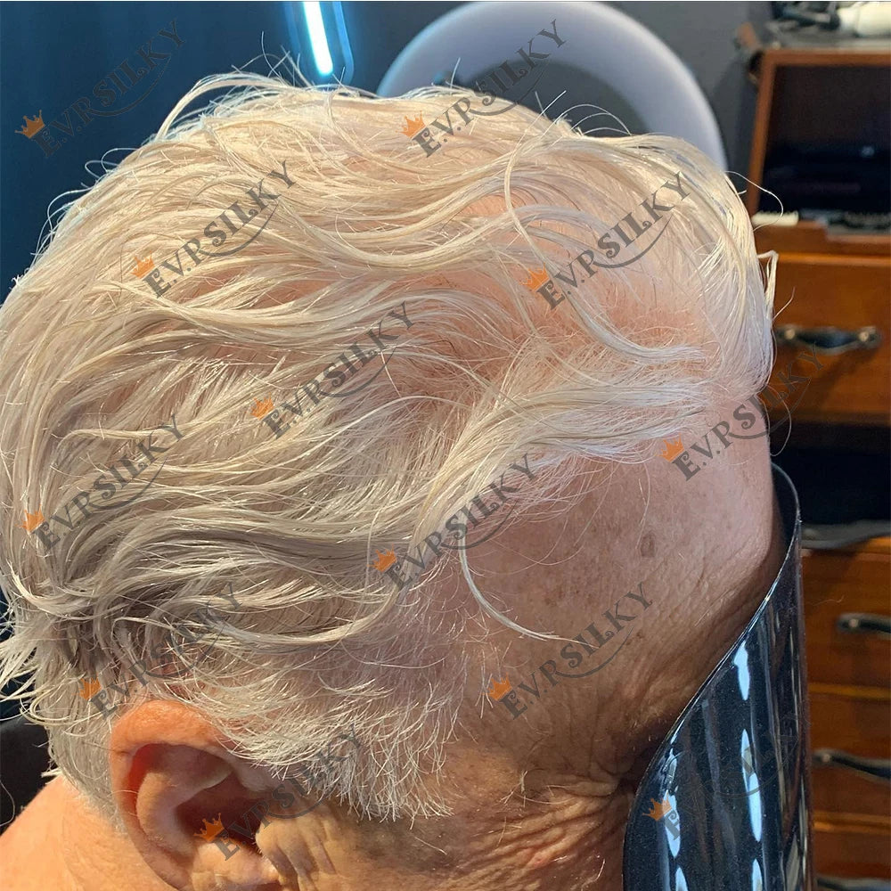 80%Density Old Man 1B80 Blonde Undetectable 0.02mm Ultra Thin Skin Vloop Men's Toupee Natural Hairline Microskin Hair System