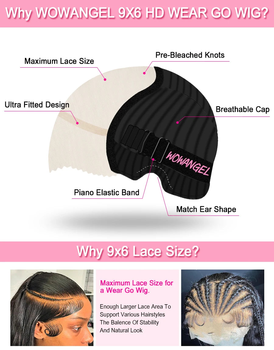 WowAngel Pre Cut Ultra Fitted 9x6 HD Lace Closure Glueless Wigs Ready To Wear Human Hair Wigs Straight Melt Skins For Women Wigs