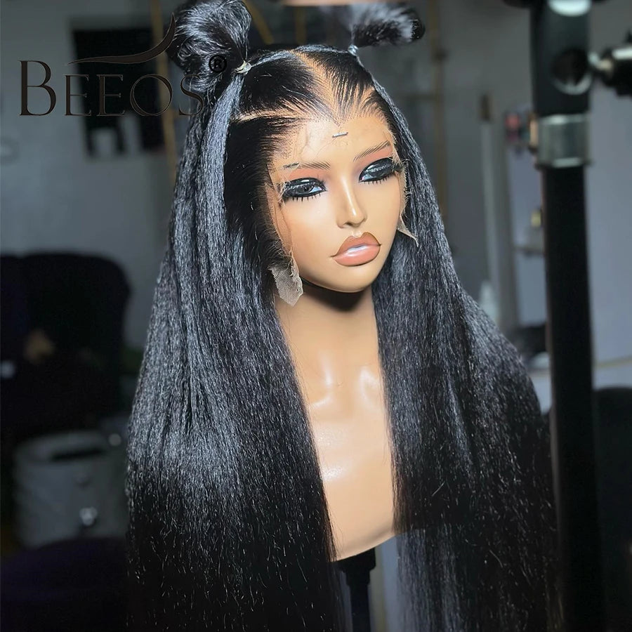 250% Jet Black Kinky Straight 13x6 HD Full Lace Front Wig PrePlucked Yaki Straight 13x4 HD Lace Frontal Human Hair Wig For Woman