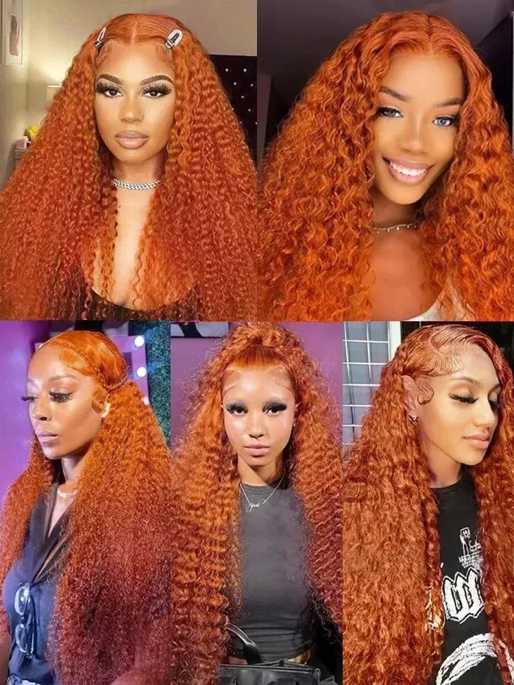 200 Density Ginger Human Hai Brazilian Deep Wave 30 40 Inch 13x4 Lace Front Wigs #350 Orange Curly 13x6 Lace Frontal Wig Water