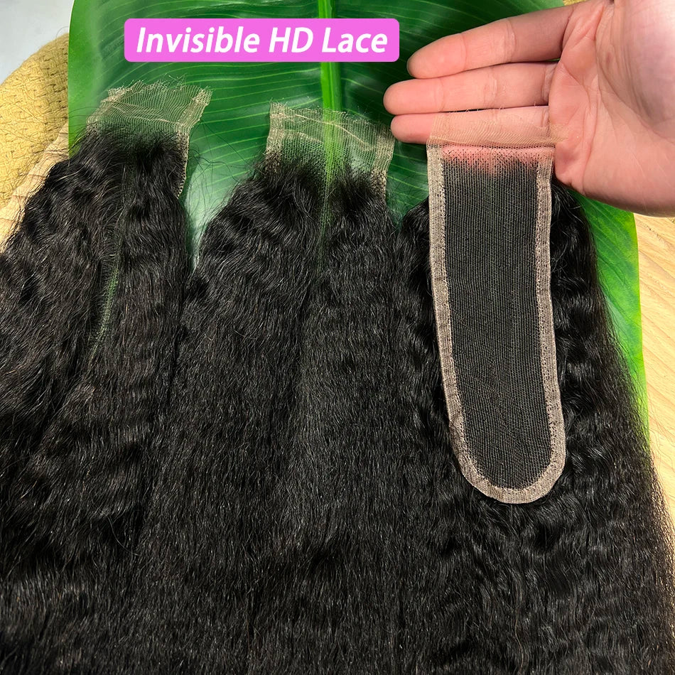 2x6 HD Lace Closure Kinky Straight Human Hair Preplucked Bleached Knots Invisible Lace Natural Color 100% Unprocessed Raw Hair