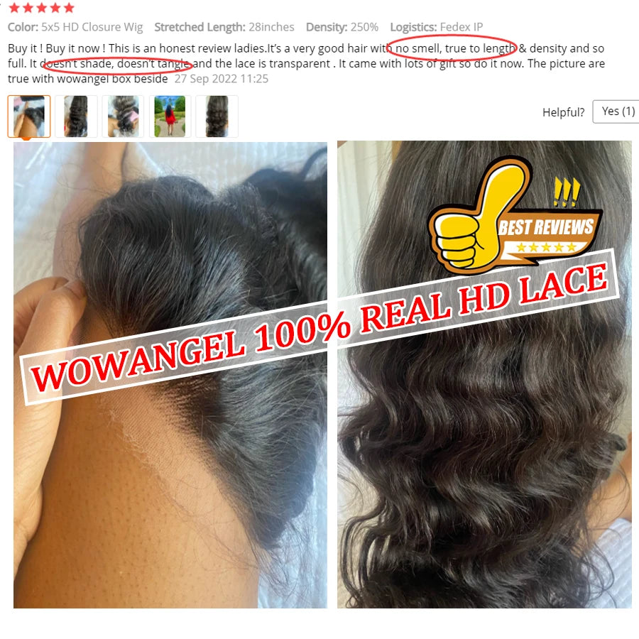 Wow Angel Glueless 250% Real HD Lace Closure Wigs 5X5 HD Closure Wig Wear & Go Body Wave Pre Plucked Human Hair Wigs For Women