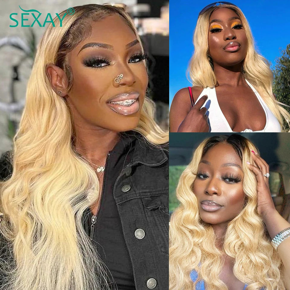 Sexay Ombre Blonde Human Hair Bundles With Closure Pre Plucked Brazilian Body Wave Hair Weave Bundles With Transparent Closures