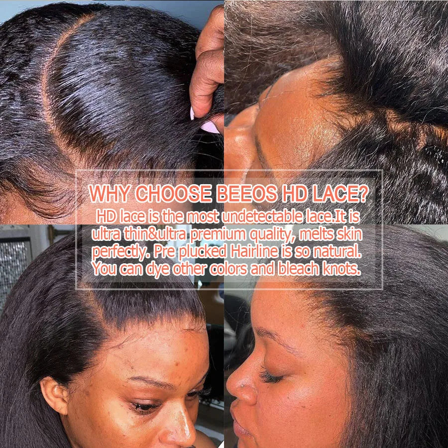 250% Jet Black Kinky Straight 13x6 HD Full Lace Front Wig PrePlucked Yaki Straight 13x4 HD Lace Frontal Human Hair Wig For Woman