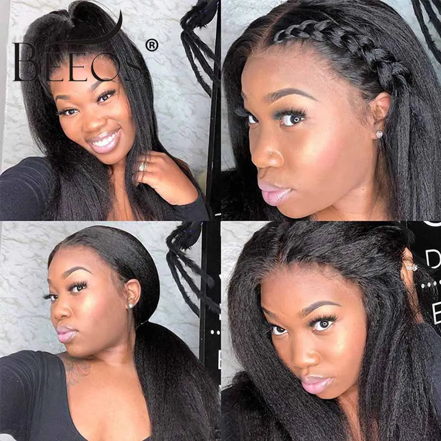 250% Jet Black Kinky Straight 13x6 HD Full Lace Front Wig PrePlucked Yaki Straight 13x4 HD Lace Frontal Human Hair Wig For Woman