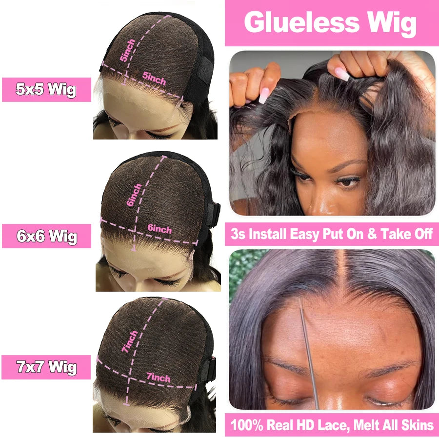Wow Angel Glueless HD Lace Closure 7x7/6X6/5x5 Closure Water Wave Pre Plucked Natural Hairline Human Hair Curly Wigs For Women