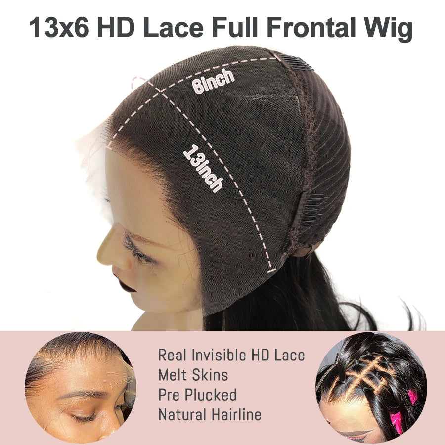 250% Jet Black Kinky Straight 13x6 HD Full Lace Front Wig PrePlucked Yaki Straight 13x4 HD Lace Frontal Human Hair Wig For Woman