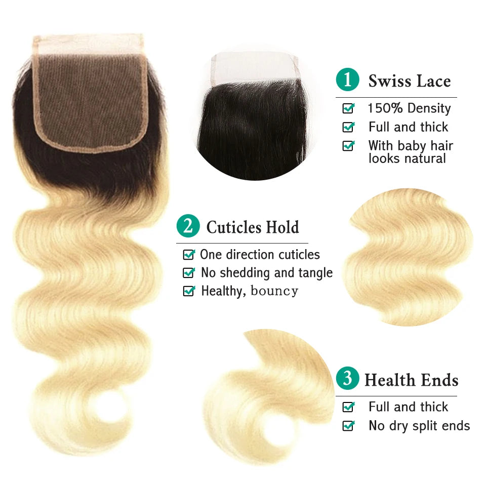 Sexay Ombre Blonde Human Hair Bundles With Closure Pre Plucked Brazilian Body Wave Hair Weave Bundles With Transparent Closures