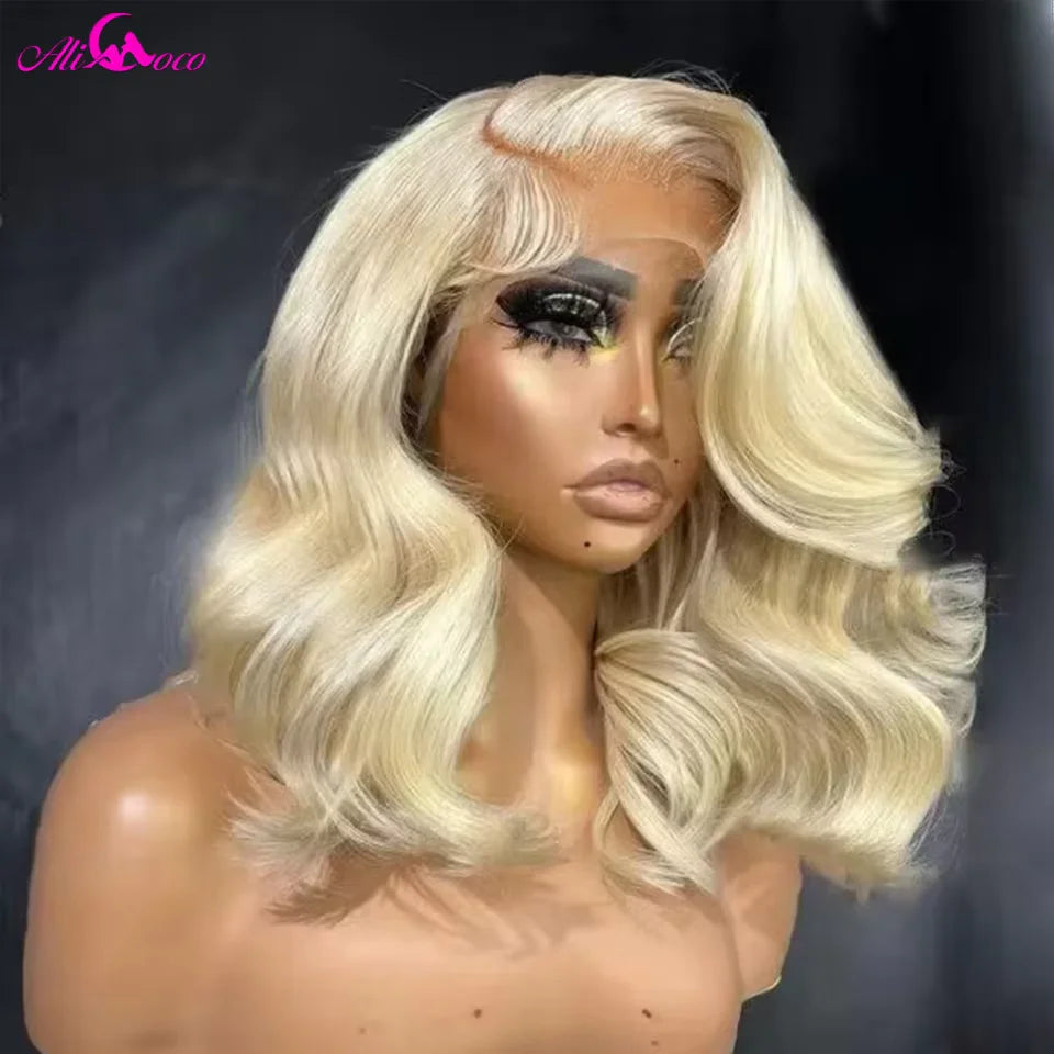 Golden Pink Colored 180 Density Human Hair Wigs Short Bob Body Wave Rose Pink 13x4 Full Frontal Human Hair Lace Front Wigs