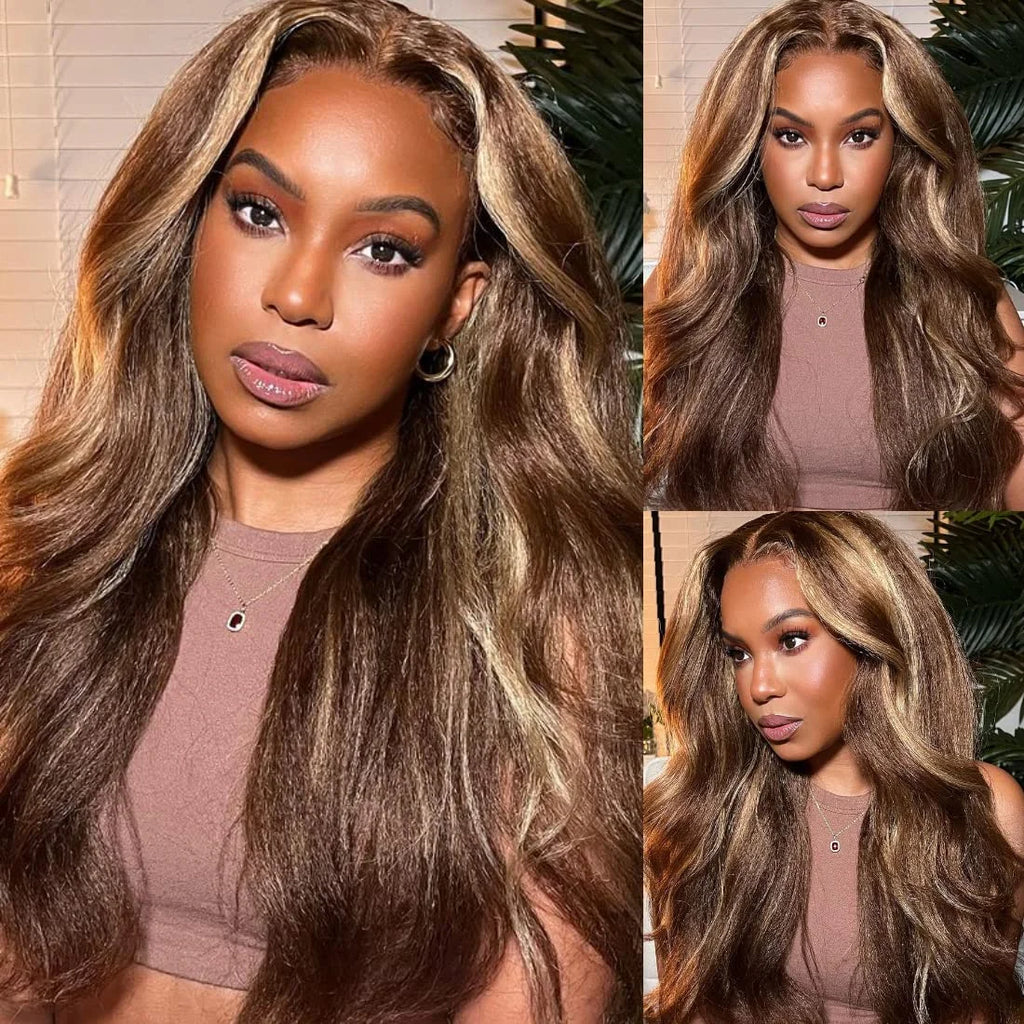 200% Highlight 4/27 Kinky Straight 13x6 HD Lace Frontal Human Hair Wig Indian Yaki Straight Brown Blonde Piano Colored Remy Wigs