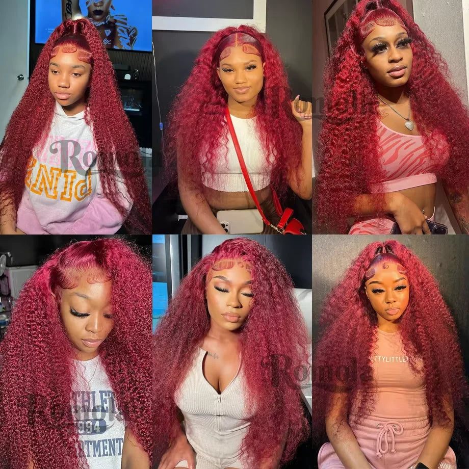 100% Human Hair Deep Wave 99J Burgundy Lace Frontal Wig 13x6 Curly 30 36 Inch HD Lace Front Wigs Red Water Kinky Brazilian