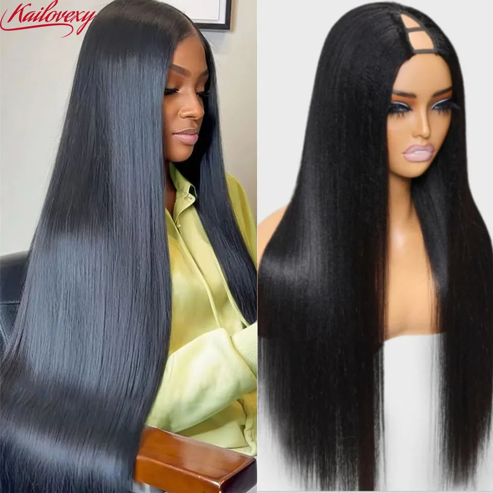 V Part Wig Human Hair Straight Upgrade U Part Wig for Women Clip in Half Wig Beginner Friendly No Lace No Glue No Sew in