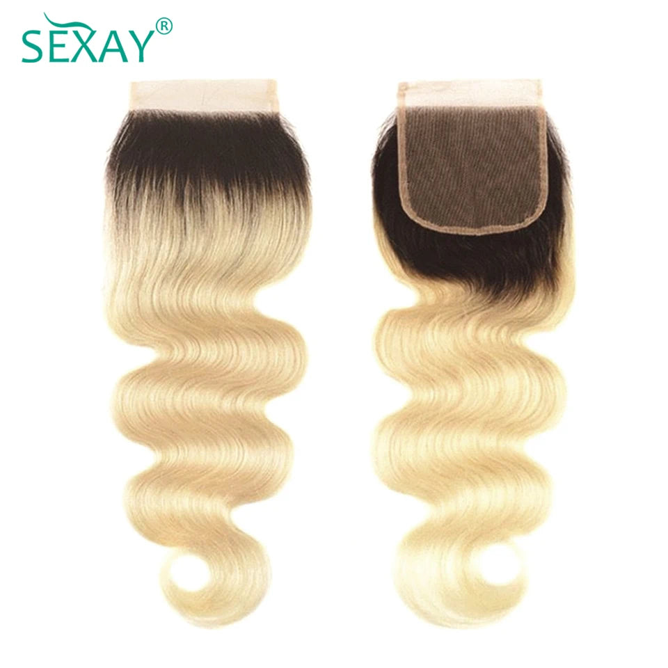 Sexay Ombre Blonde Human Hair Bundles With Closure Pre Plucked Brazilian Body Wave Hair Weave Bundles With Transparent Closures