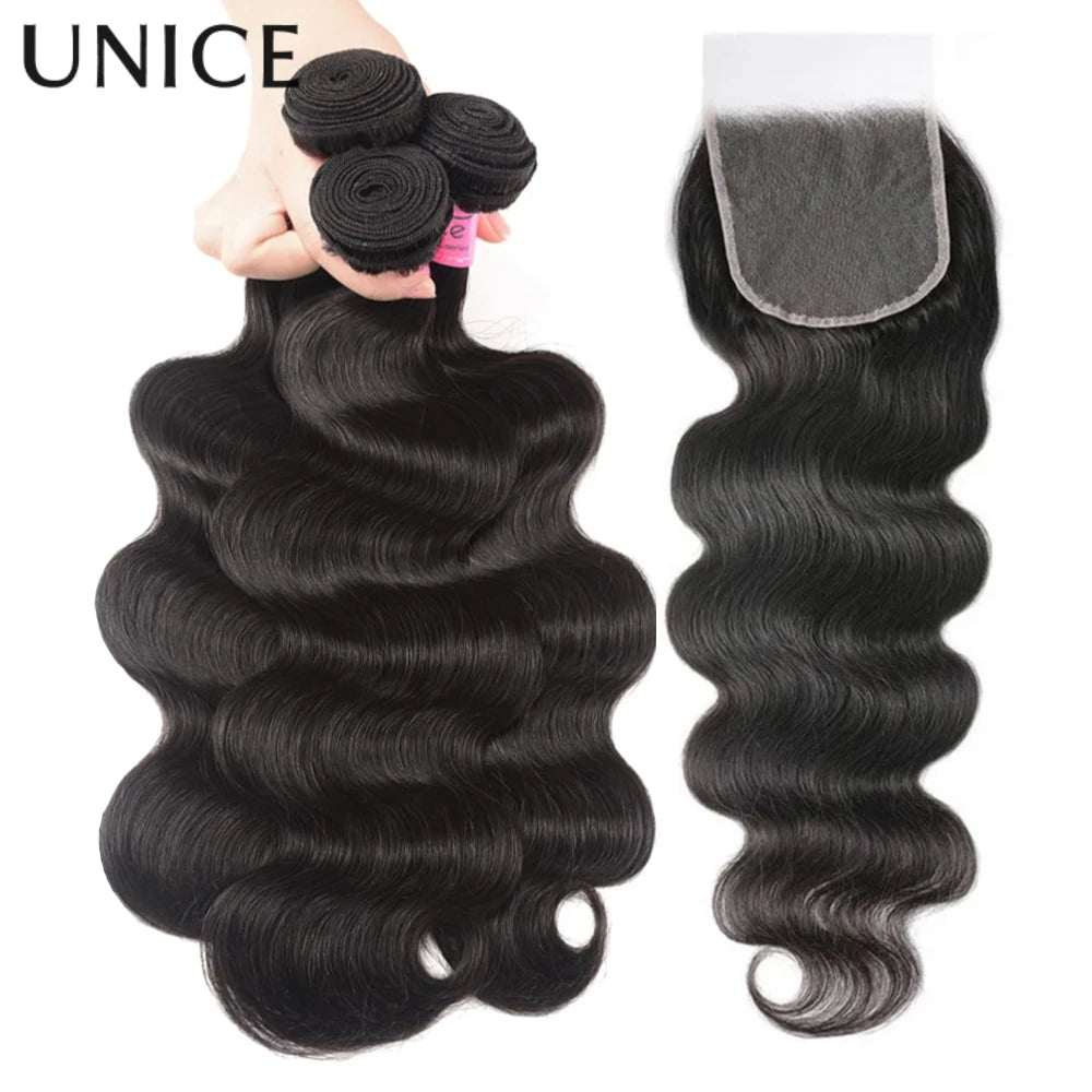 UNice Hair Body Wave 3 Bundles With Lace Frontal Closure 13x4 or 4x4 or 5x5 HD Lace Closure 100% Human Hair Bundles
