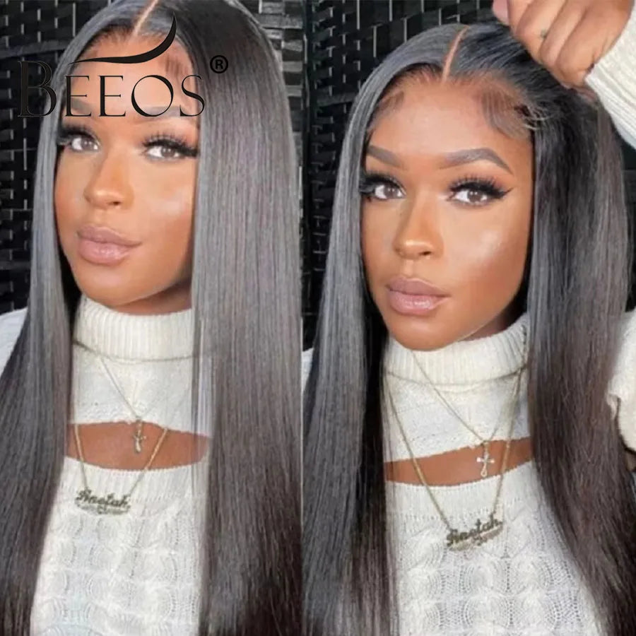 250% Glueless Jet Black Silk Straight 7x7/6x6/5x5 Real HD Lace Closure Wigs Deep Part Wear & Go Human Hair Wigs Bleached Knots